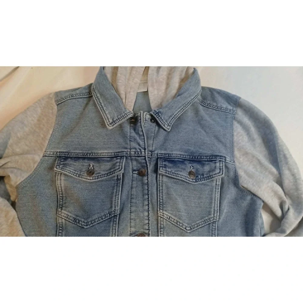 Falls Creek Girls Denim Jean Jacket Grey Jersey Hooded Light Wash XL 14/16